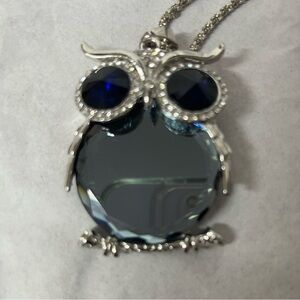 Silver Owl Crystals w faceted black Lg Glass pendant Fashion Necklace 32” Chain